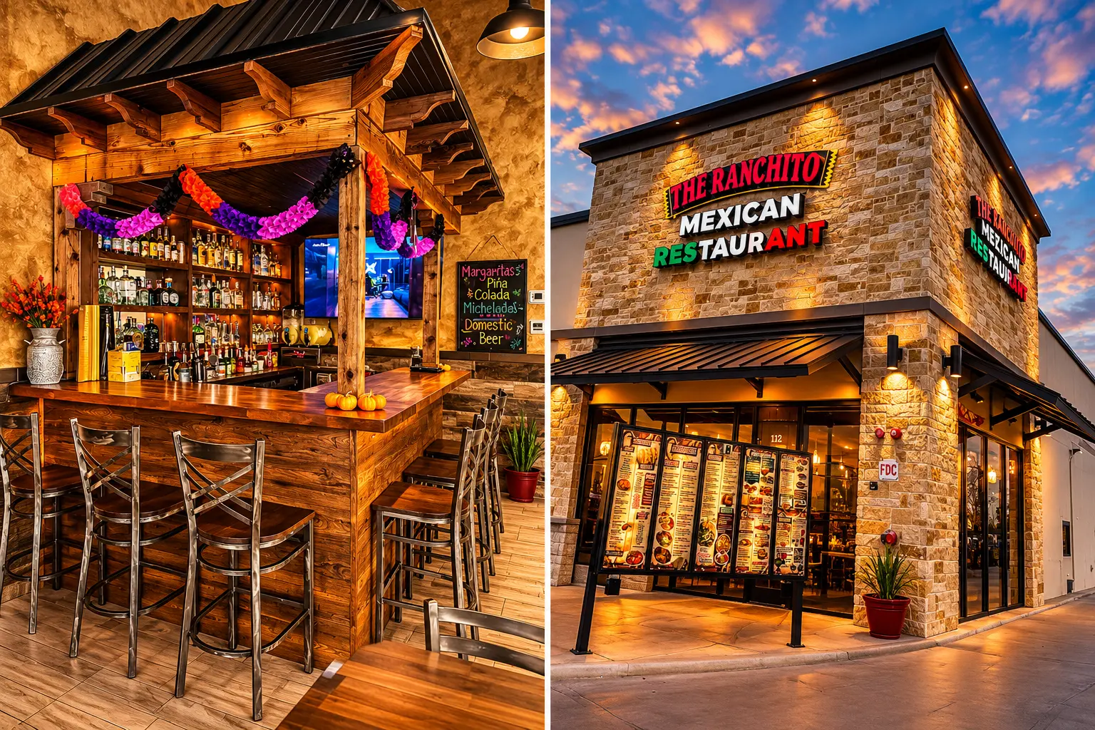 The Ranchito tequila bar dressed in papel picado, and the restaurant glowing at dusk