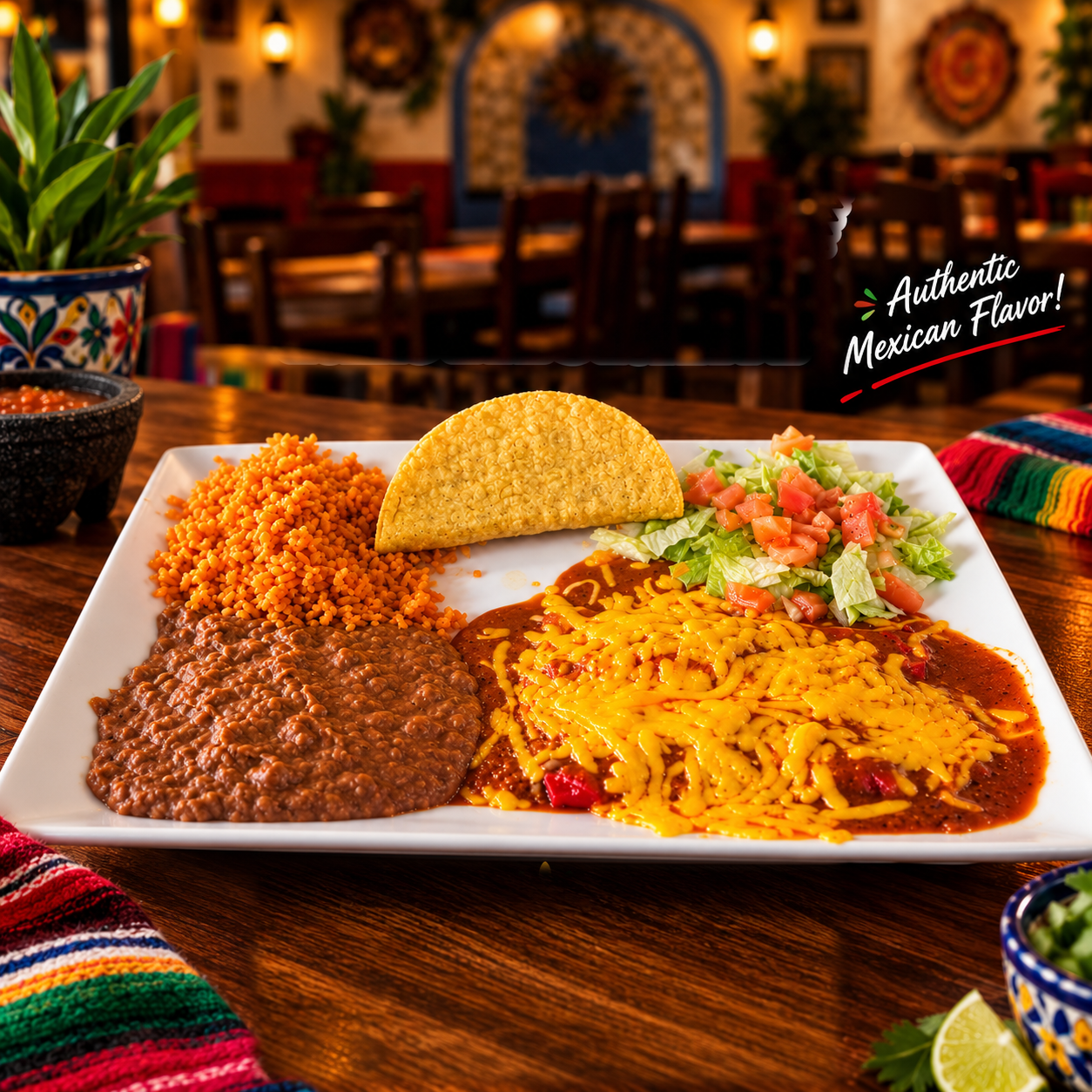 Enchilada plate with rice, beans and a crispy taco