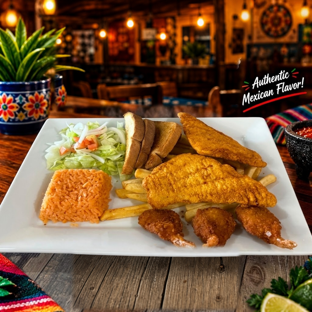 Breaded fish and shrimp plate with fries, rice and salad