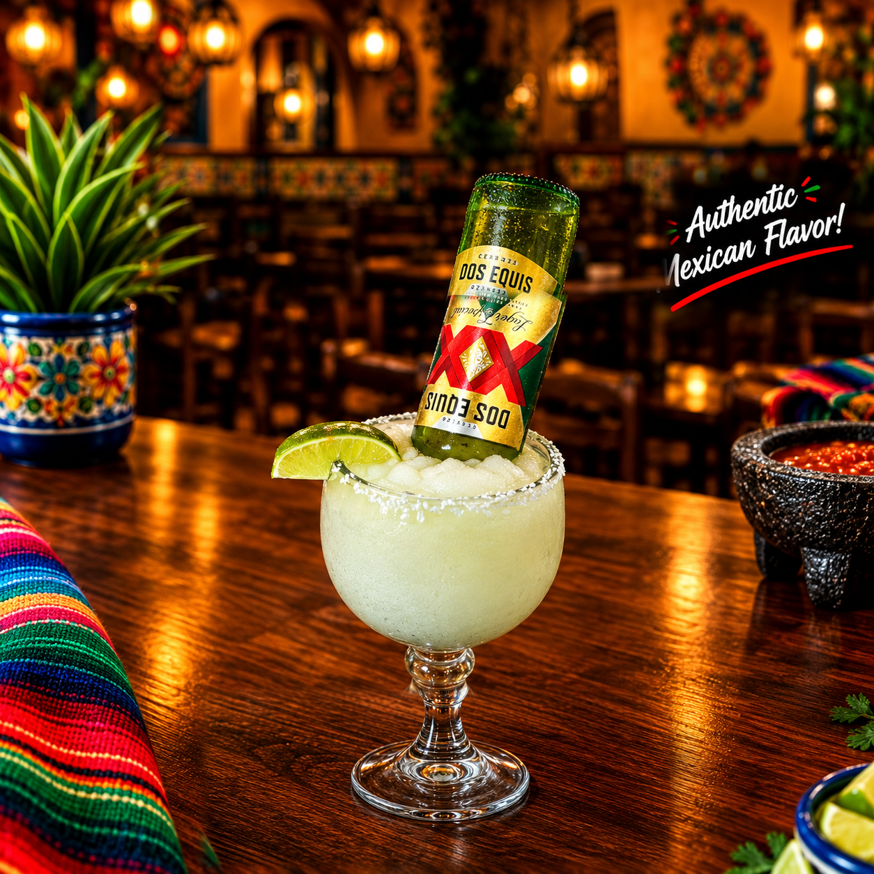 Frozen margarita with a Dos Equis bottle