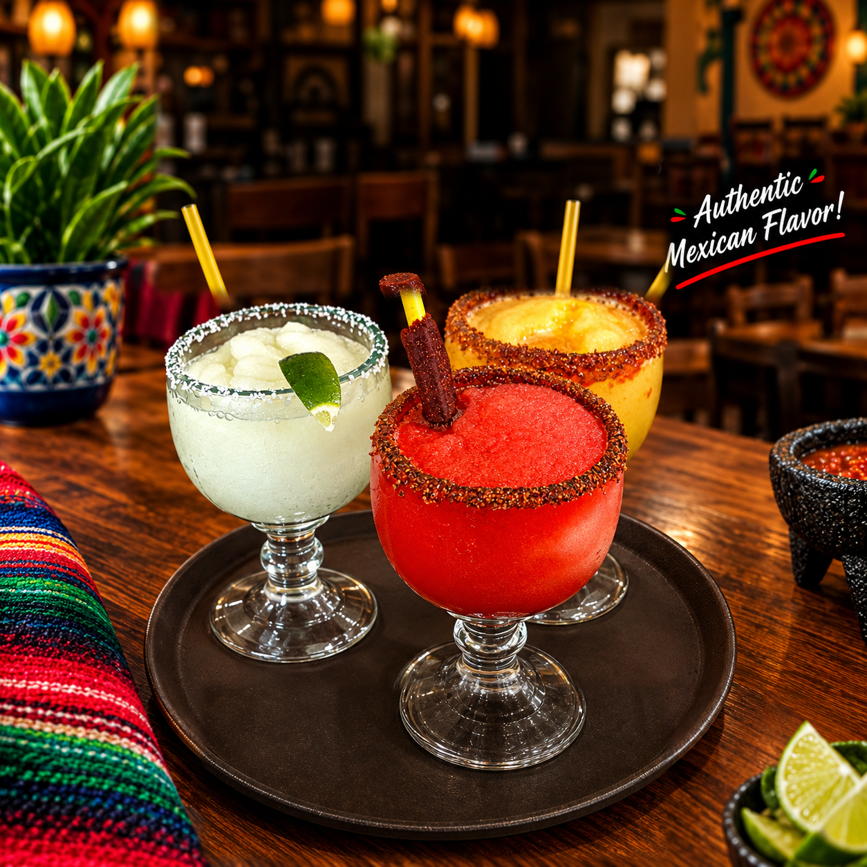 Three frozen margaritas — lime, strawberry and mango